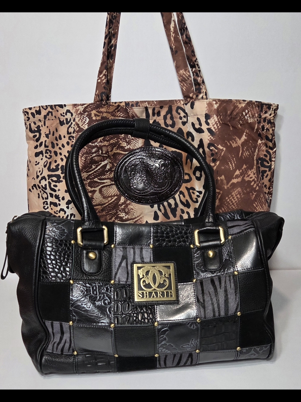 Sharif Black And Grey Patchwork Leather Bag With Duster/Tote